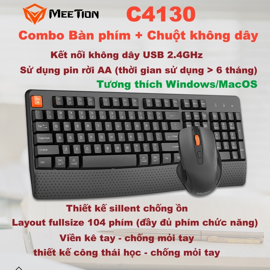 Bộ bàn phím chuột không dây Meetion C4130 Full-Size 104 phím USB 2.4G chống ồn