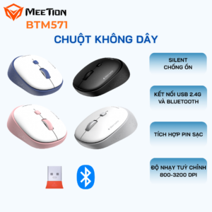 Chuột không dây Meetion BTM571 chống ồn Dual Mode Bluetooth + USB 2.4GHz tích hợp pin sạc