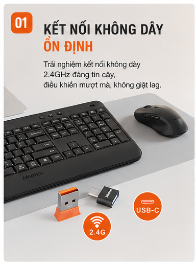 Bộ bàn phím chuột không dây Meetion C5000 Fullsize kết nối USB 2.4G chuột 3200 DPI pin AA/AAA