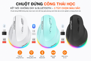 Chuột không dây Meetion BTM010R chống ồn Dual Mode Bluetooth + USB 2.4GHz thiết kế công thái học tích hợp pin sạc